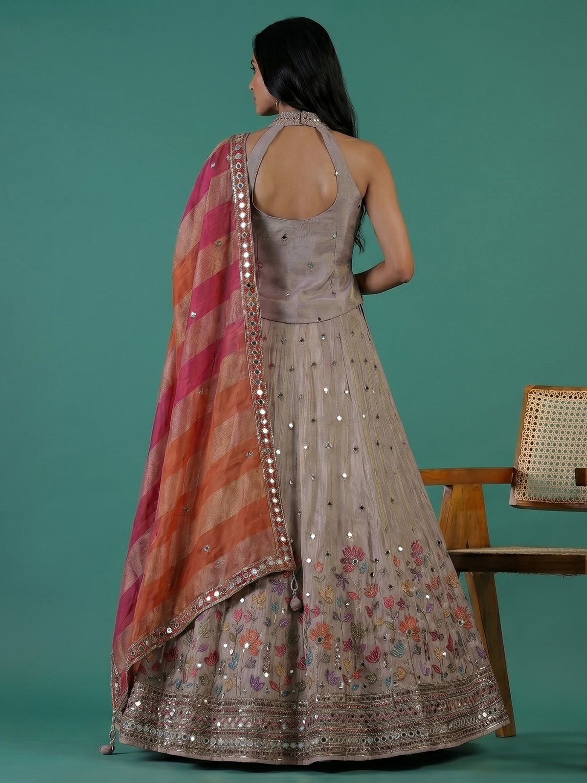 Onion pink silk halter neck lehenga choli