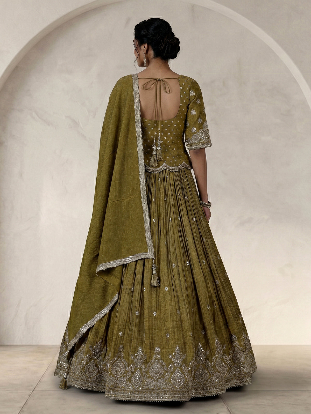 Mehendi green chiffon designer lehenga choli ensemble