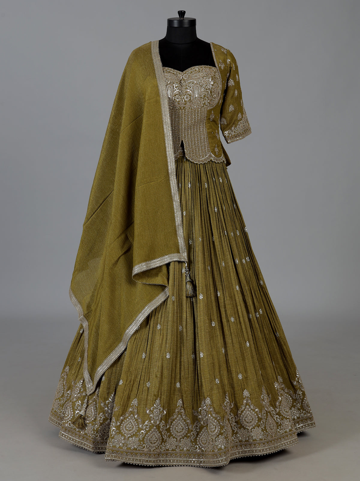 Mehendi green chiffon designer lehenga choli ensemble