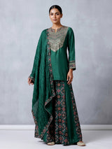 Dark green embroidered silk palazzo suit with printed dupatta