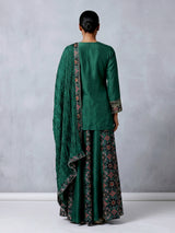 Dark green embroidered silk palazzo suit with printed dupatta