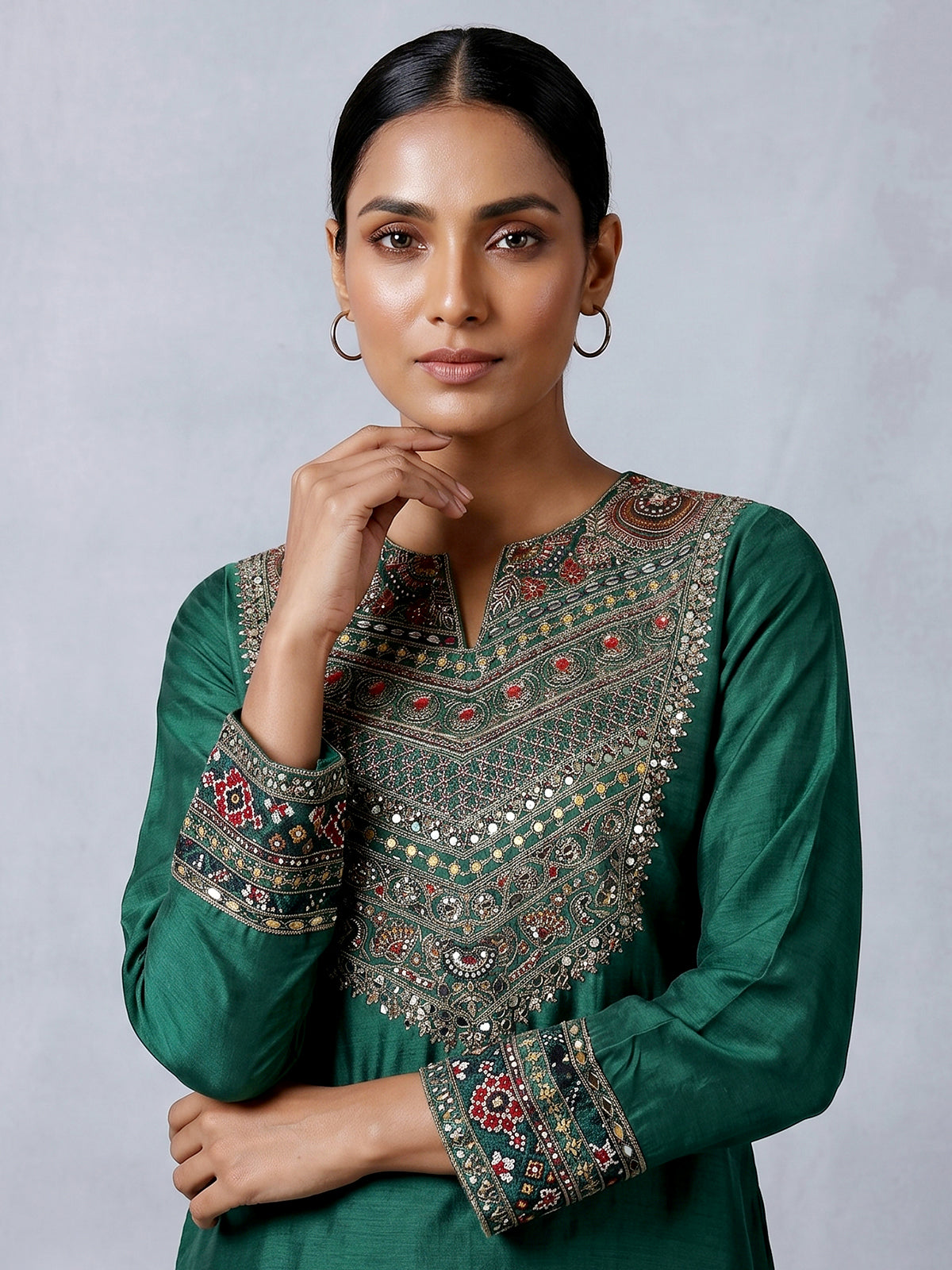 Dark green embroidered silk palazzo suit with printed dupatta