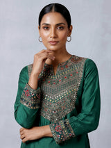 Dark green embroidered silk palazzo suit with printed dupatta