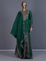 Dark green embroidered silk palazzo suit with printed dupatta
