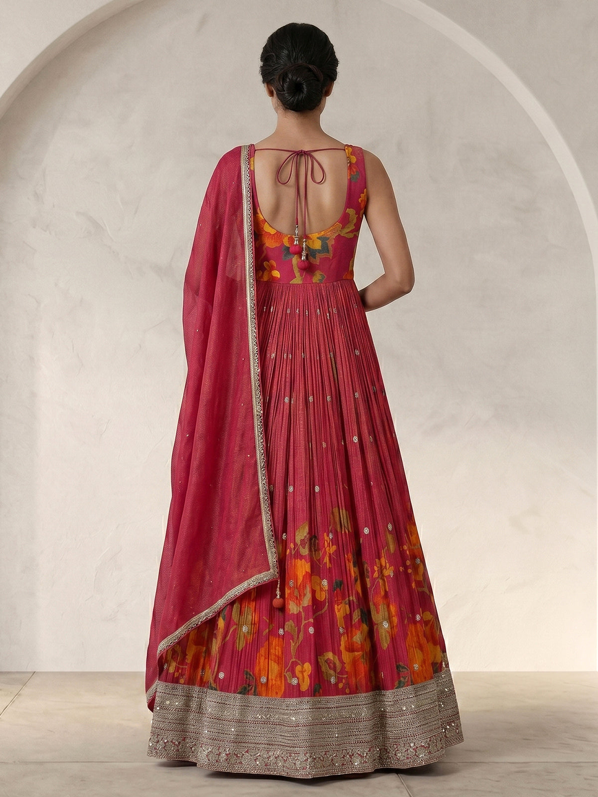 Rani pink floral printed silk anarkali suit with dupatta