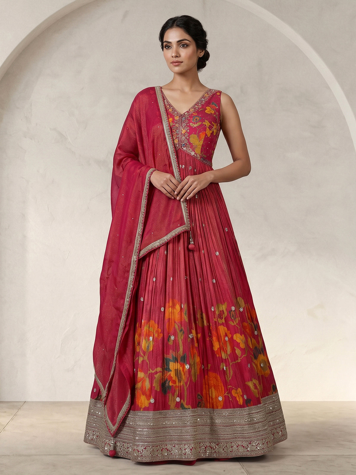 Rani pink floral printed silk anarkali suit with dupatta