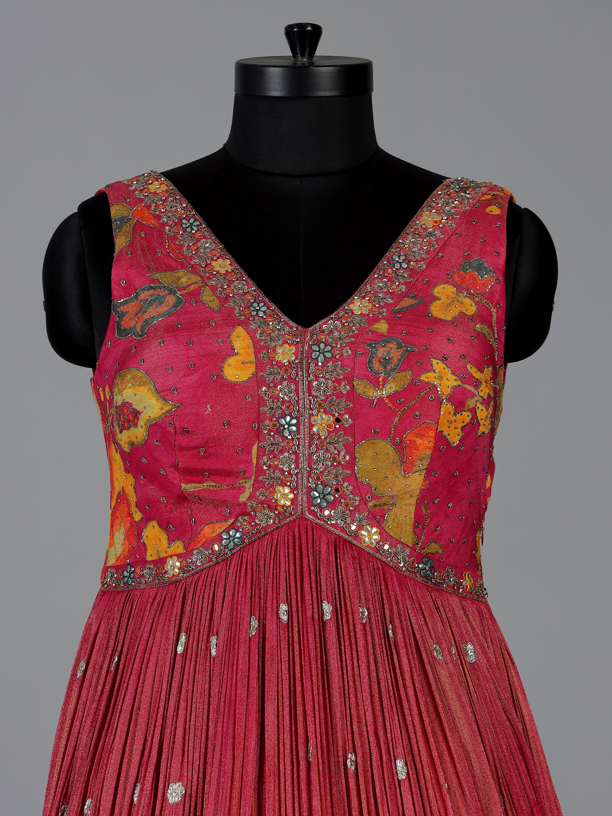 Rani pink floral printed silk anarkali suit with dupatta