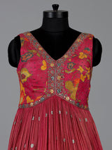 Rani pink floral printed silk anarkali suit with dupatta