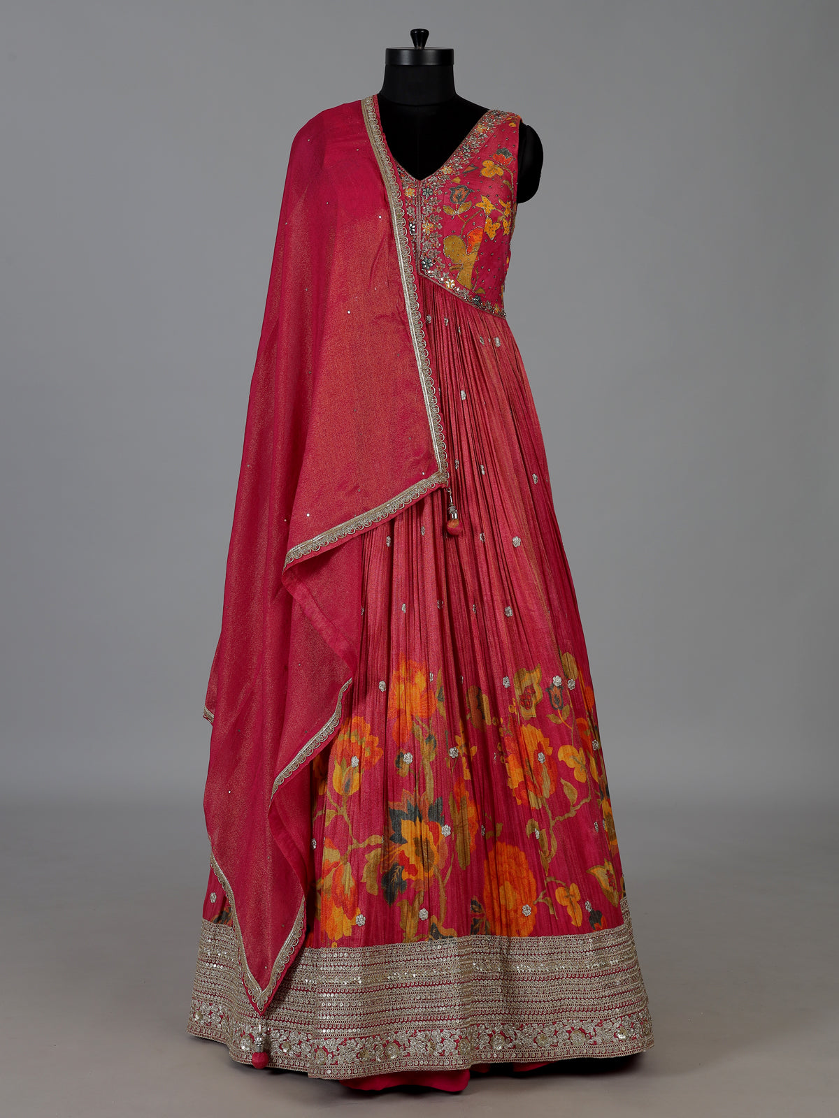 Rani pink floral printed silk anarkali suit with dupatta