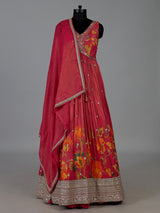 Rani pink floral printed silk anarkali suit with dupatta
