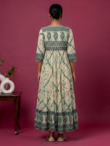 Cream and green floral printed cotton casual kurti