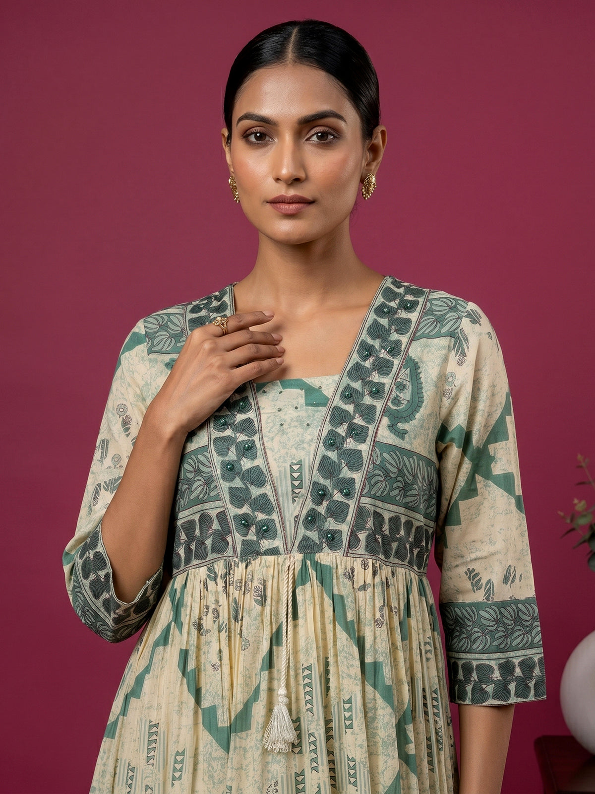 Cream and green floral printed cotton casual kurti