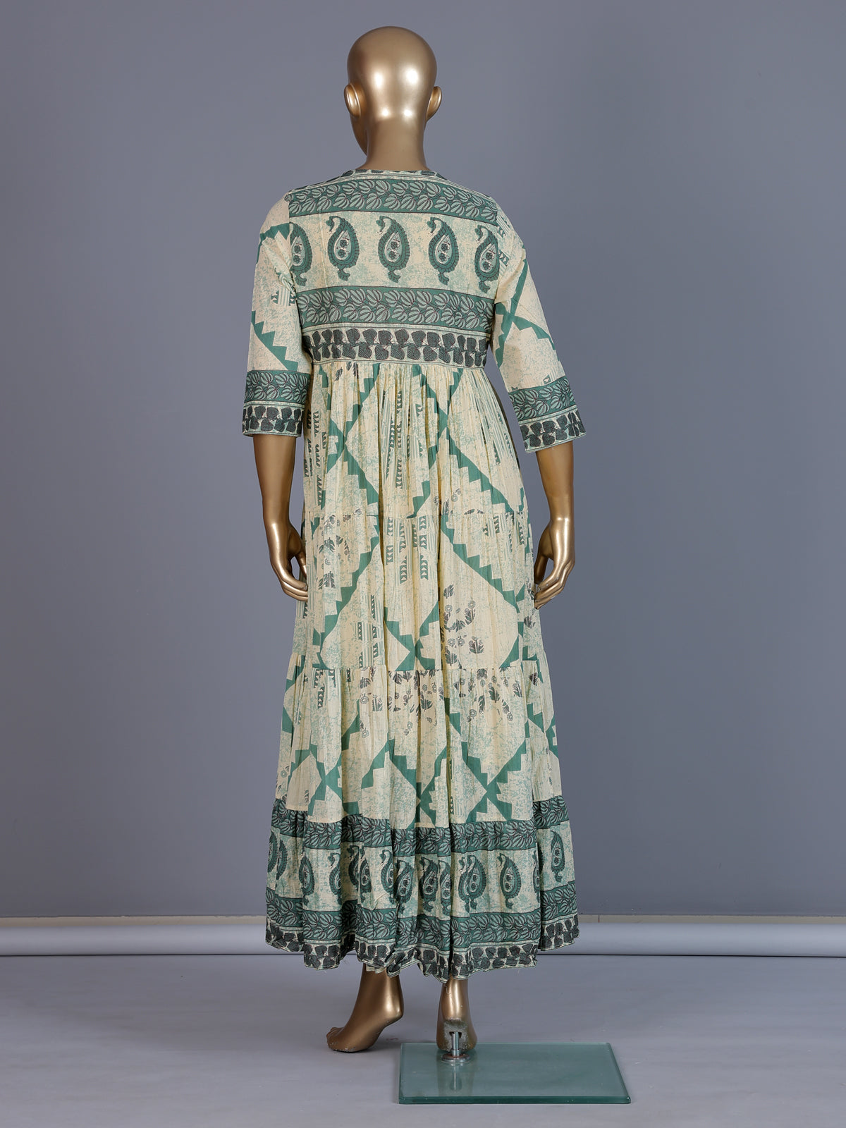 Cream and green floral printed cotton casual kurti