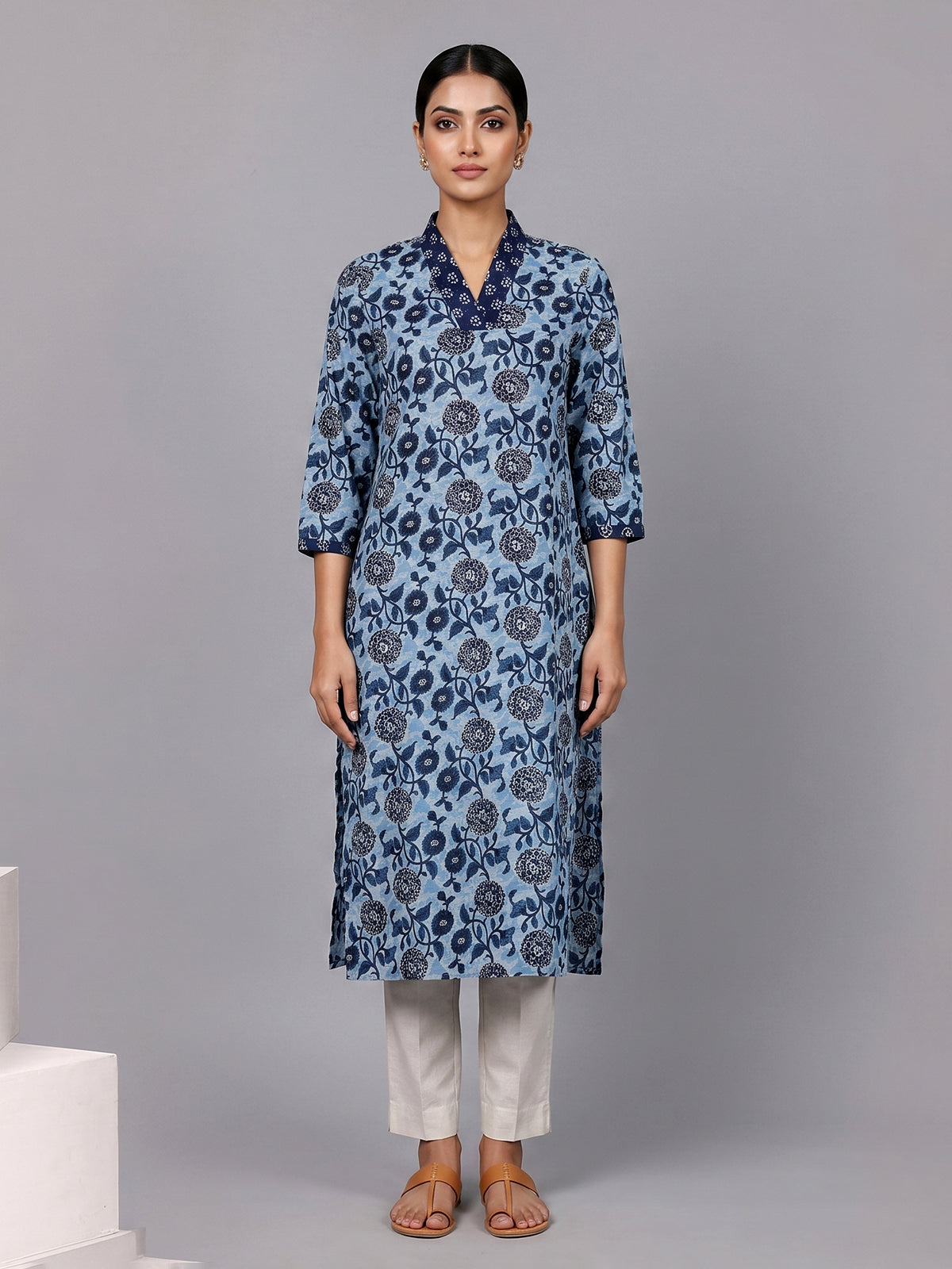 Blue floral printed silk casual kurti with V neck