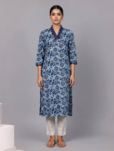 Blue floral printed silk casual kurti with V neck