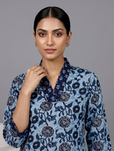 Blue floral printed silk casual kurti with V neck