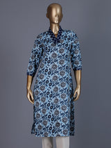 Blue floral printed silk casual kurti with V neck