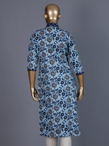 Blue floral printed silk casual kurti with V neck