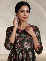 Mehendi green floral printed cotton silk casual kurti