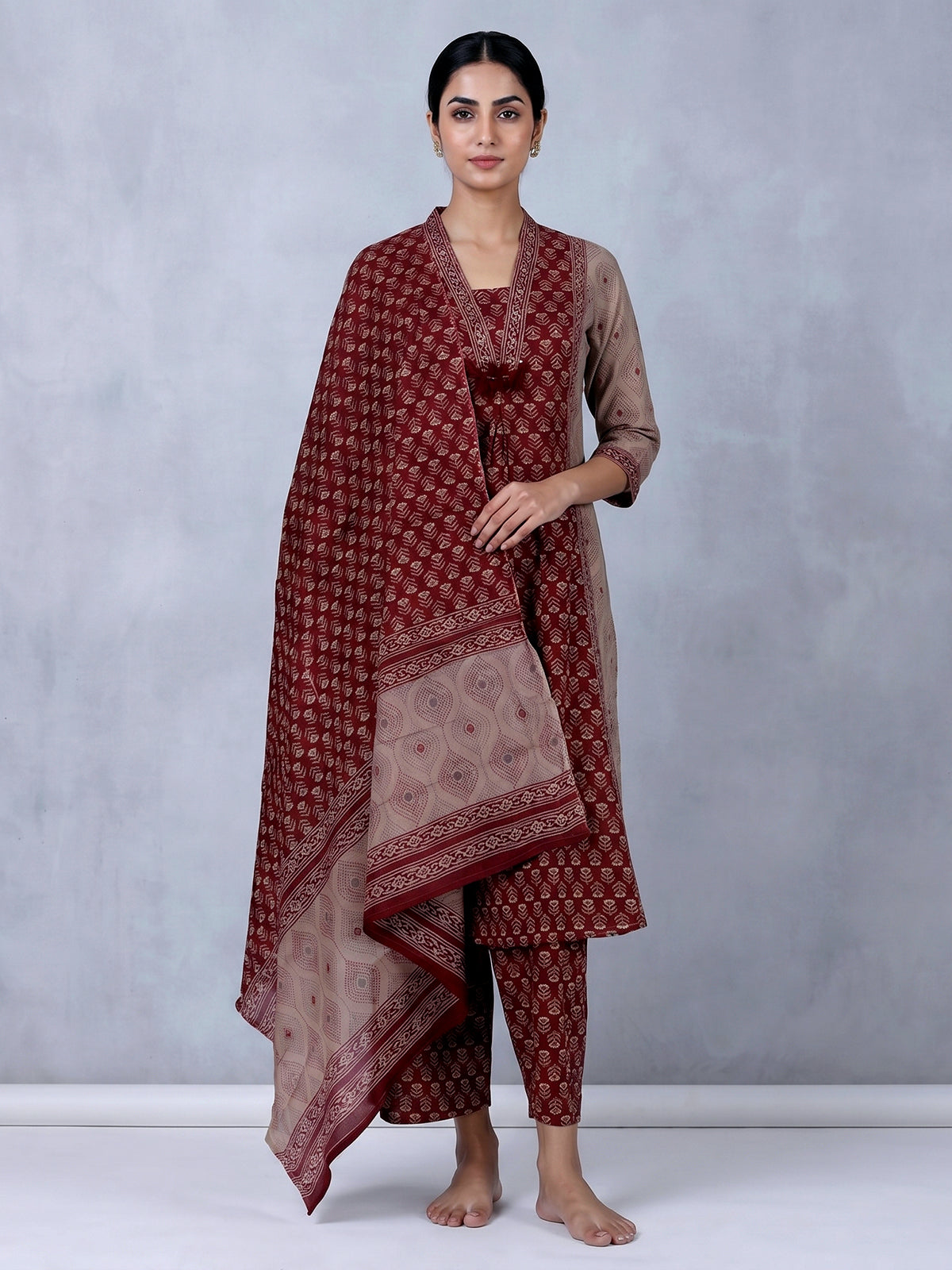 Maroon printed cotton festive palazzo kurti set design