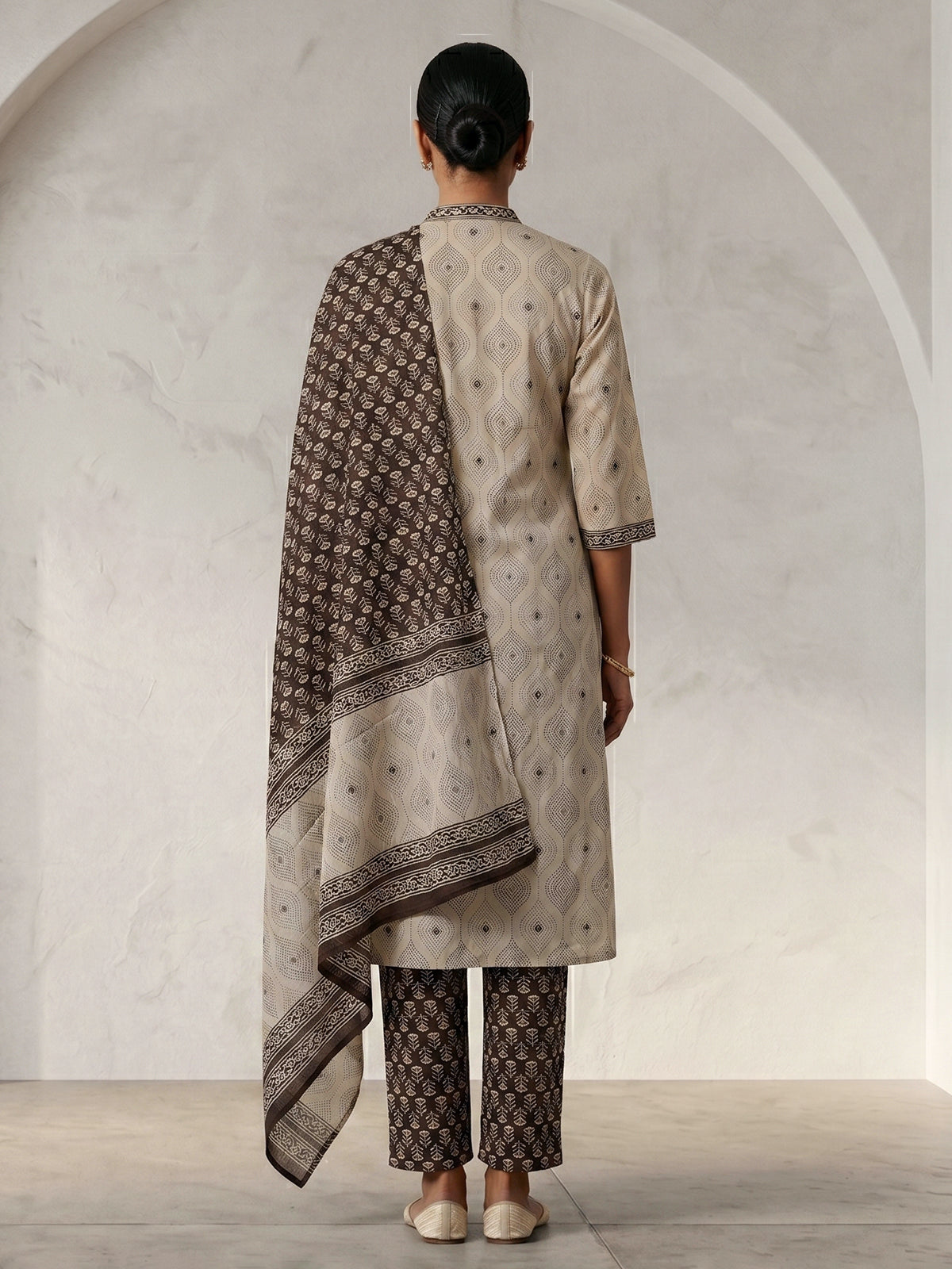 Brown printed cotton palazzo kurti set with dupatta