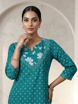 Aqua blue silk festive palazzo kurti set design