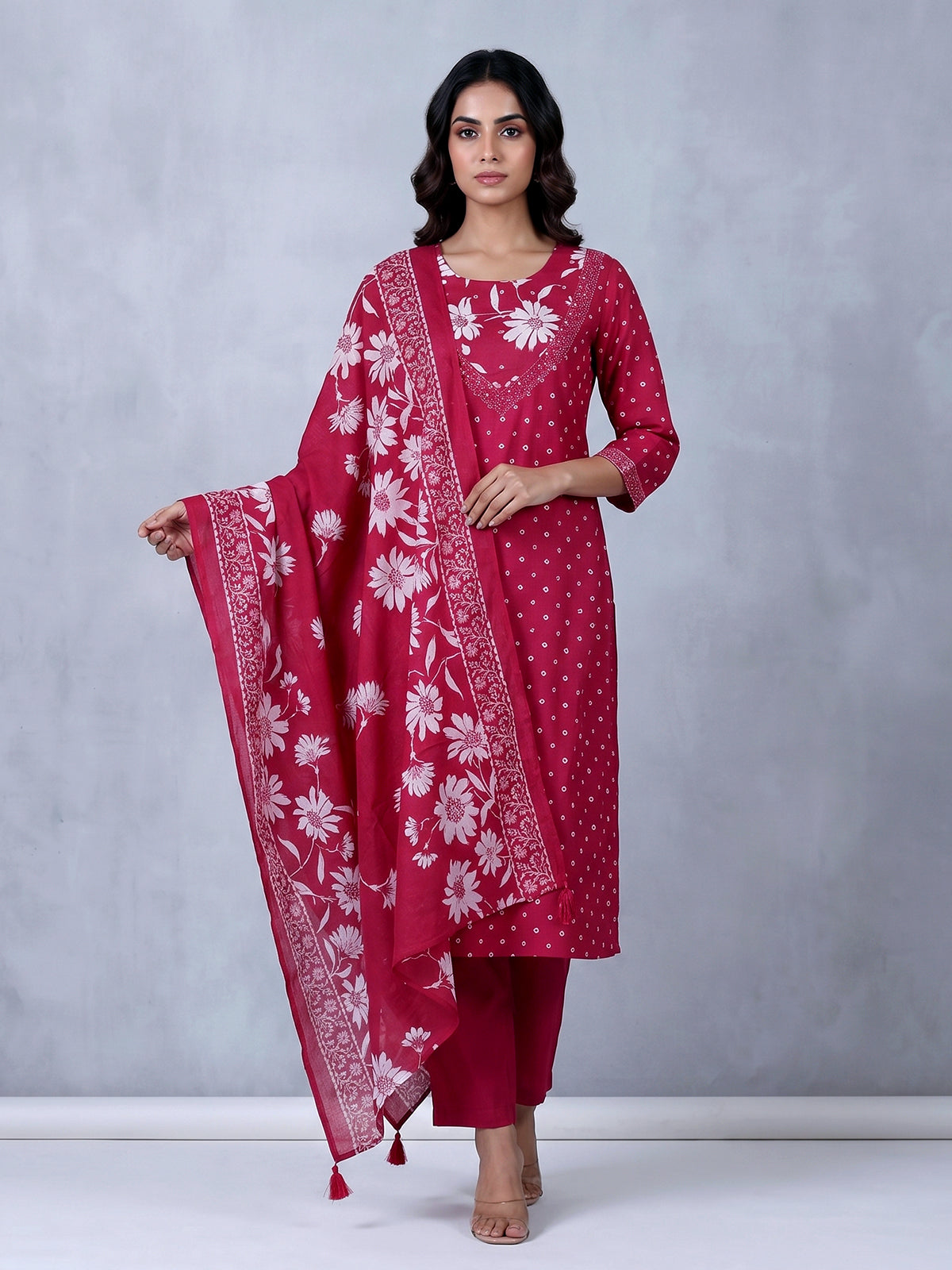 Pink silk floral printed palazzo kurti set with dupatta