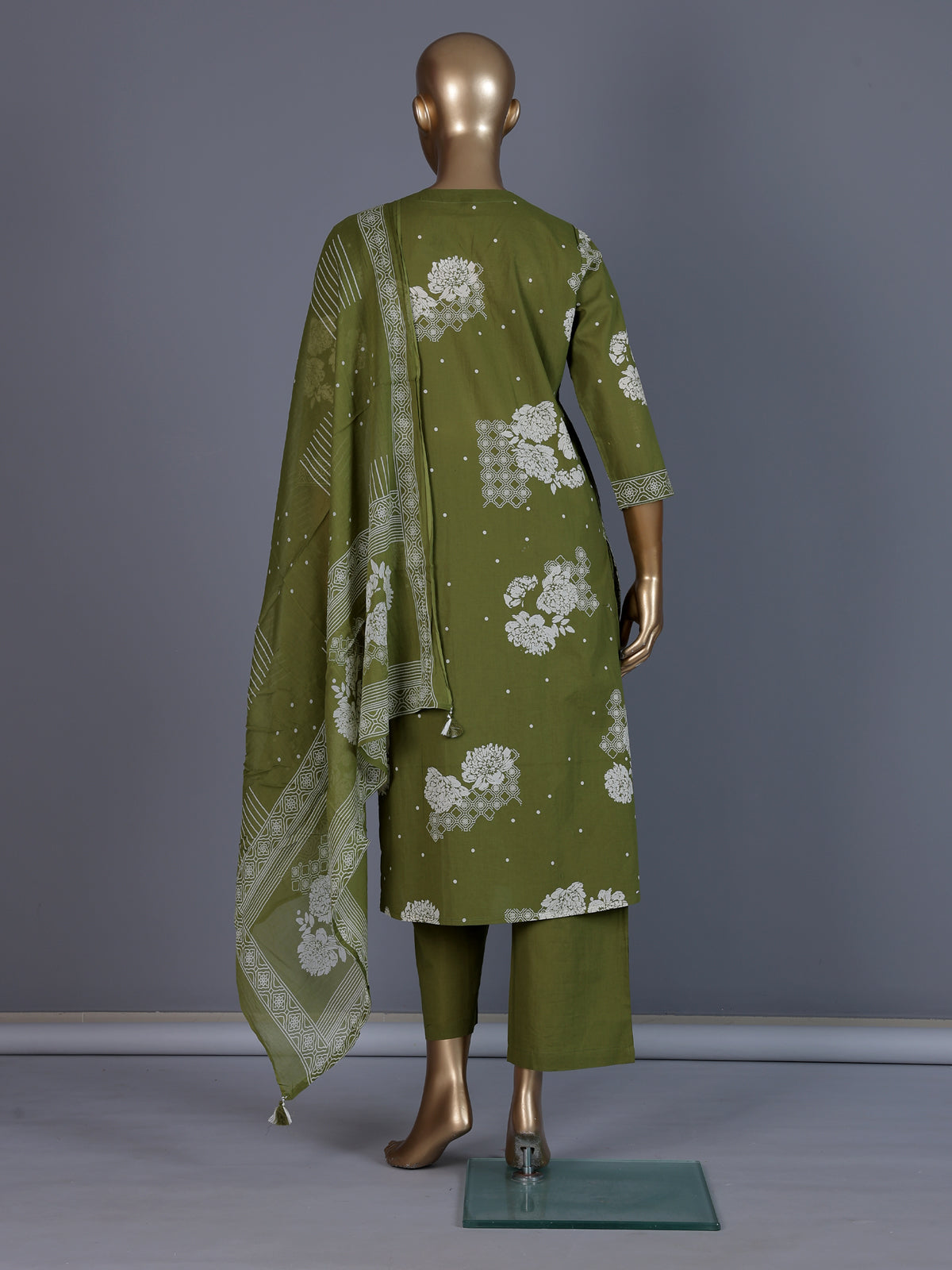 Mehendi green floral printed cotton silk kurti set