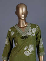 Mehendi green floral printed cotton silk kurti set