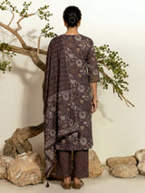 Grey cotton silk floral printed kurti set with dupatta