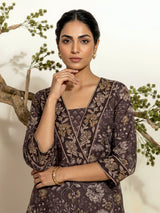 Grey cotton silk floral printed kurti set with dupatta
