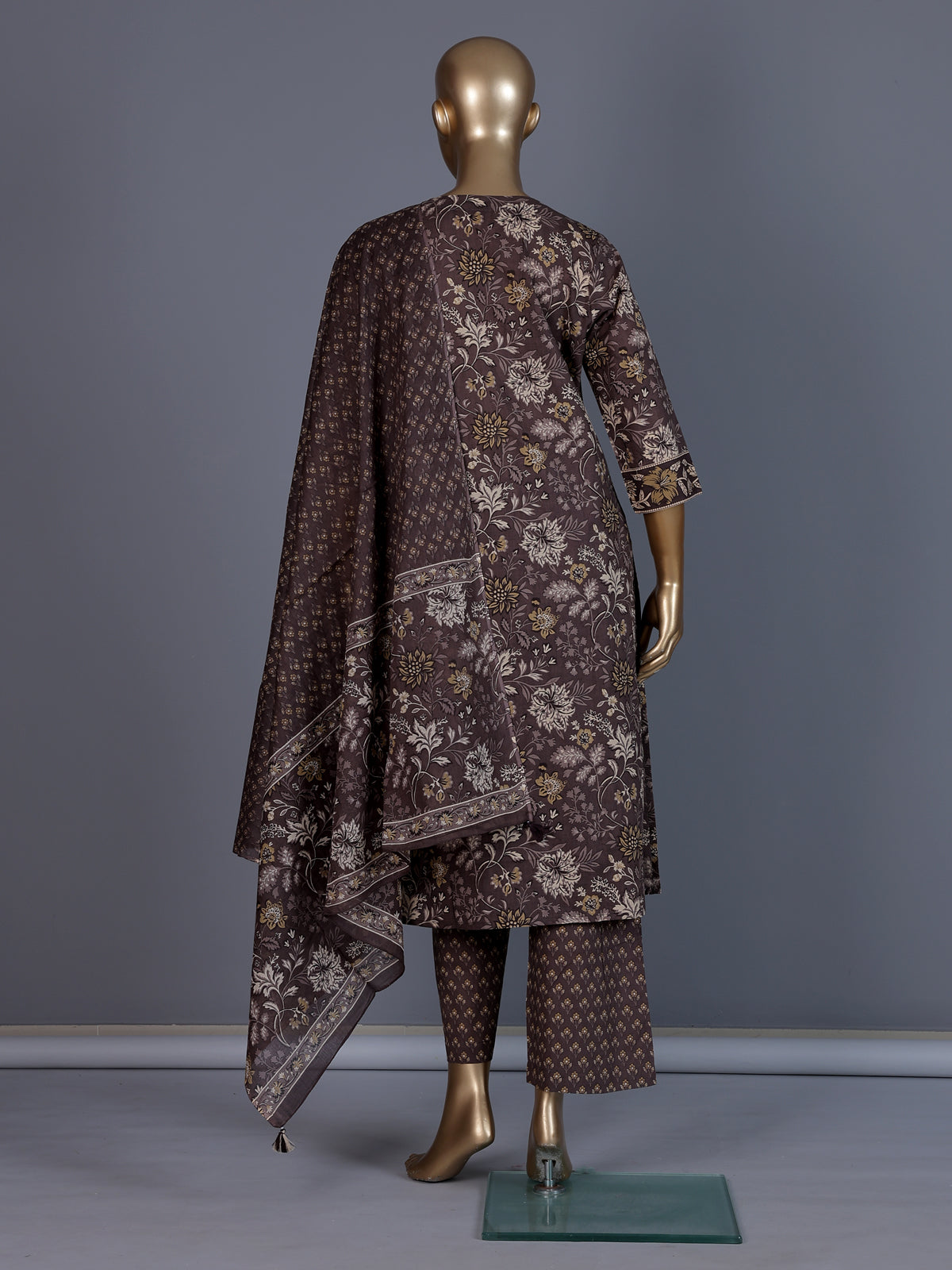 Grey cotton silk floral printed kurti set with dupatta