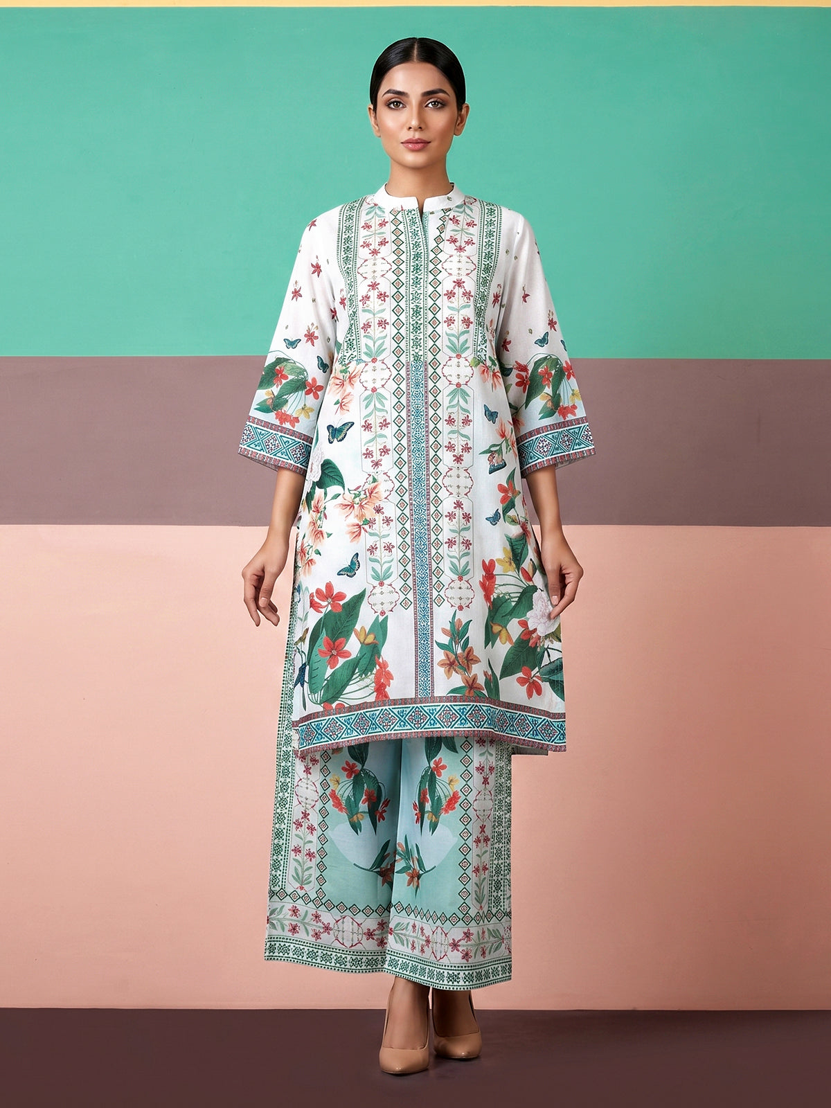 White linen silk digital printed kurti set