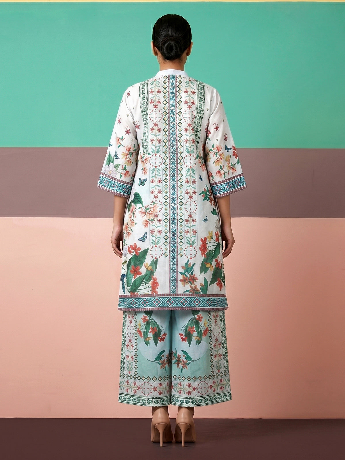 White linen silk digital printed kurti set
