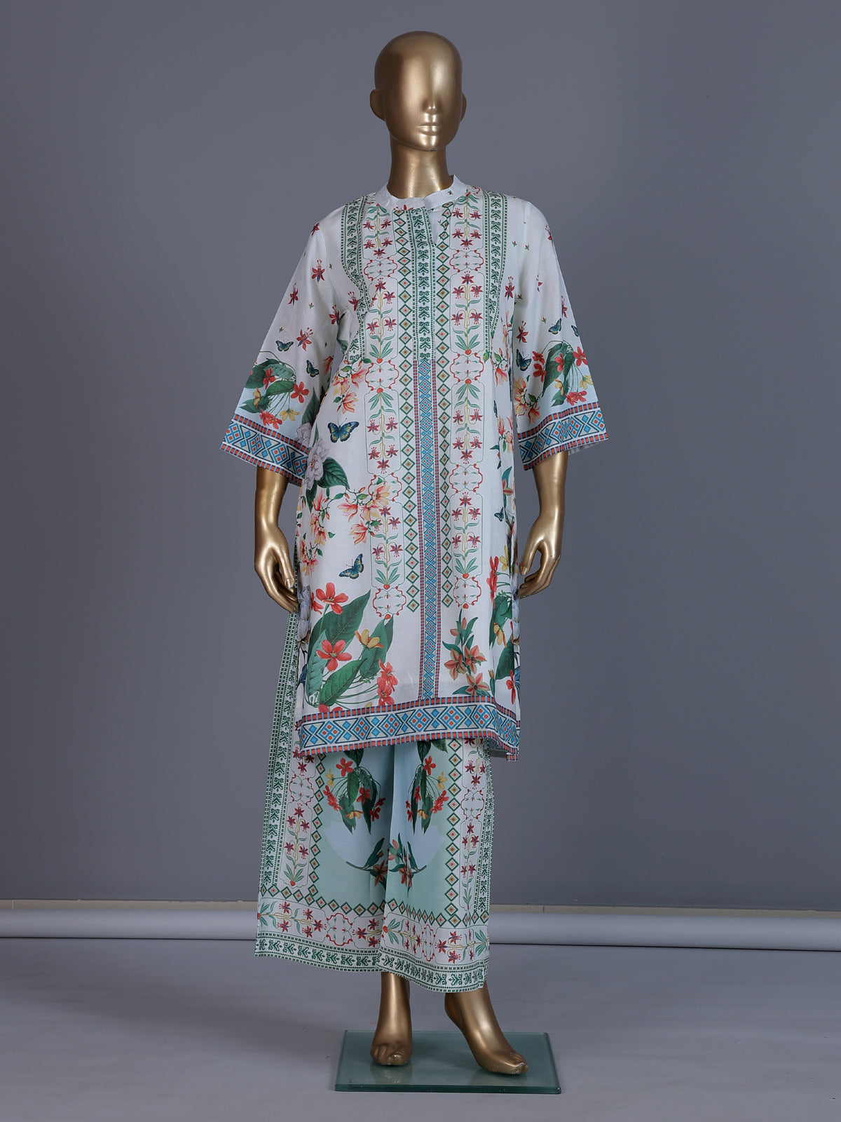 White linen silk digital printed kurti set