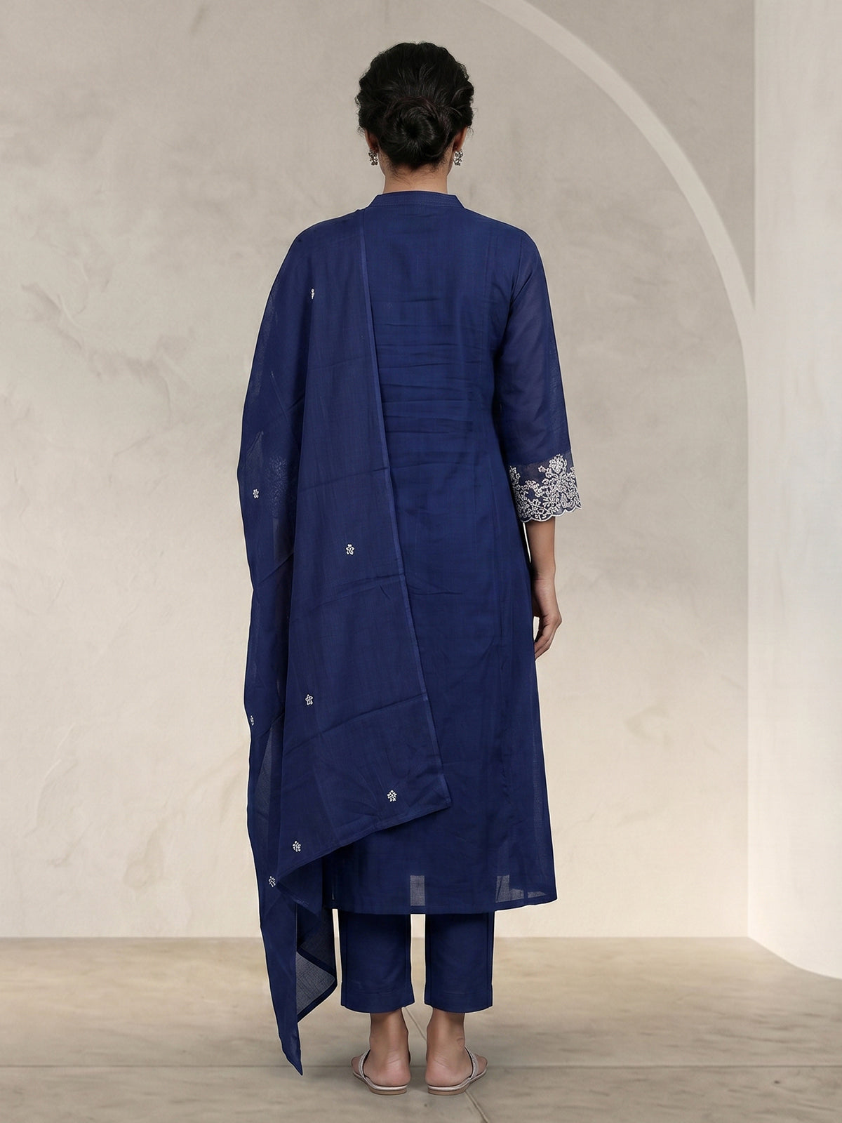 Blue cotton embroidered festive kurti set with dupatta