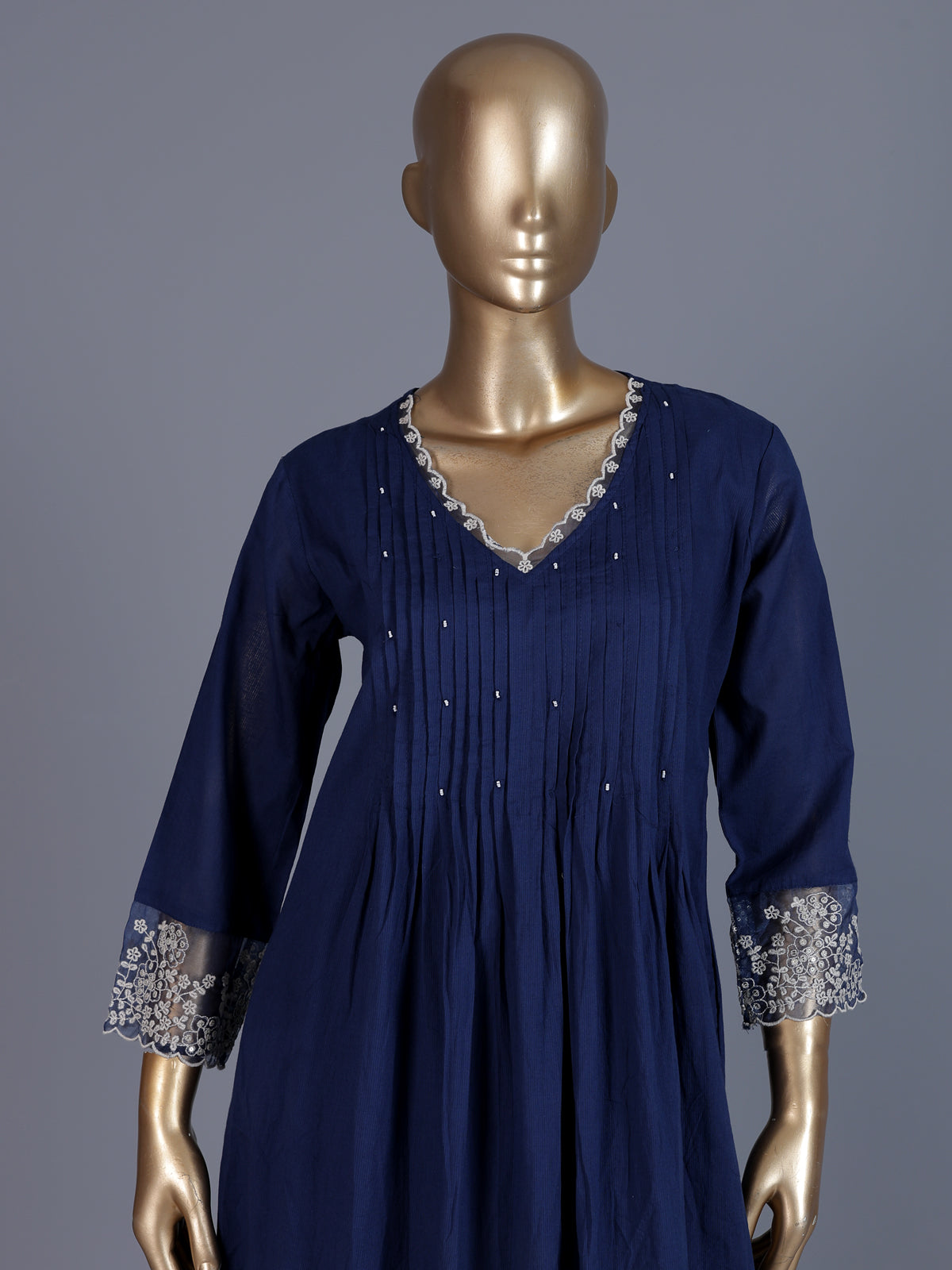 Blue cotton embroidered festive kurti set with dupatta