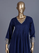 Blue cotton embroidered festive kurti set with dupatta