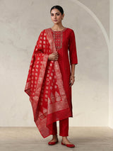 Red silk yoke style straight cut kurti set with dupatta