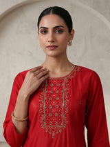 Red silk yoke style straight cut kurti set with dupatta
