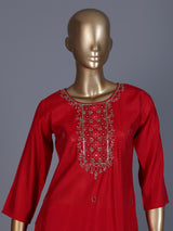 Red silk yoke style straight cut kurti set with dupatta