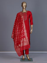 Red silk yoke style straight cut kurti set with dupatta
