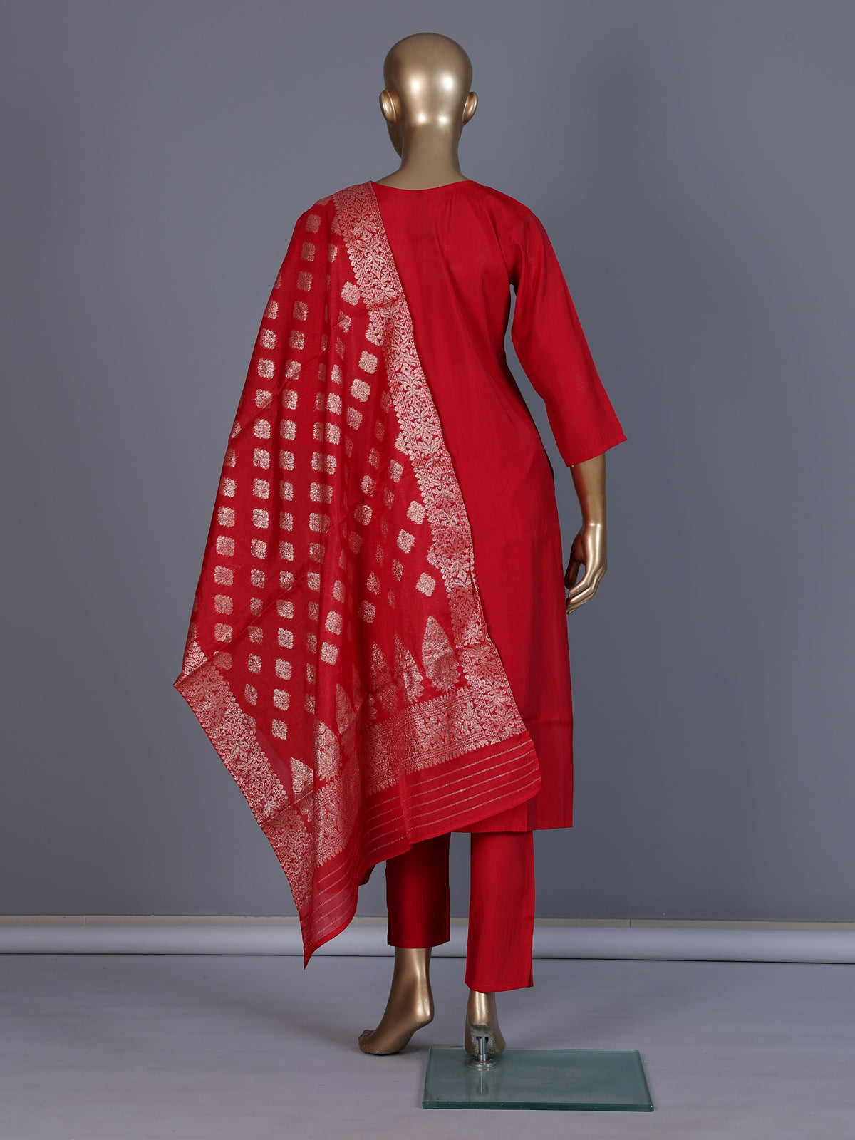 Red silk yoke style straight cut kurti set with dupatta