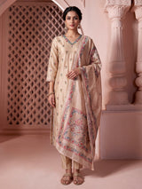 Beige silk V neck straight cut kurti set