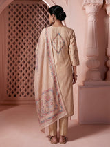 Beige silk V neck straight cut kurti set