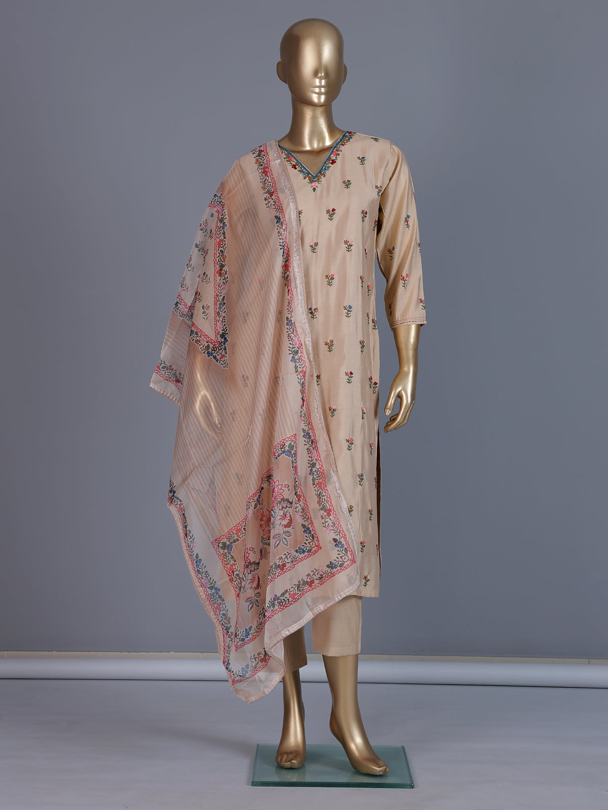 Beige silk V neck straight cut kurti set
