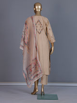 Beige silk V neck straight cut kurti set