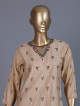 Beige silk V neck straight cut kurti set