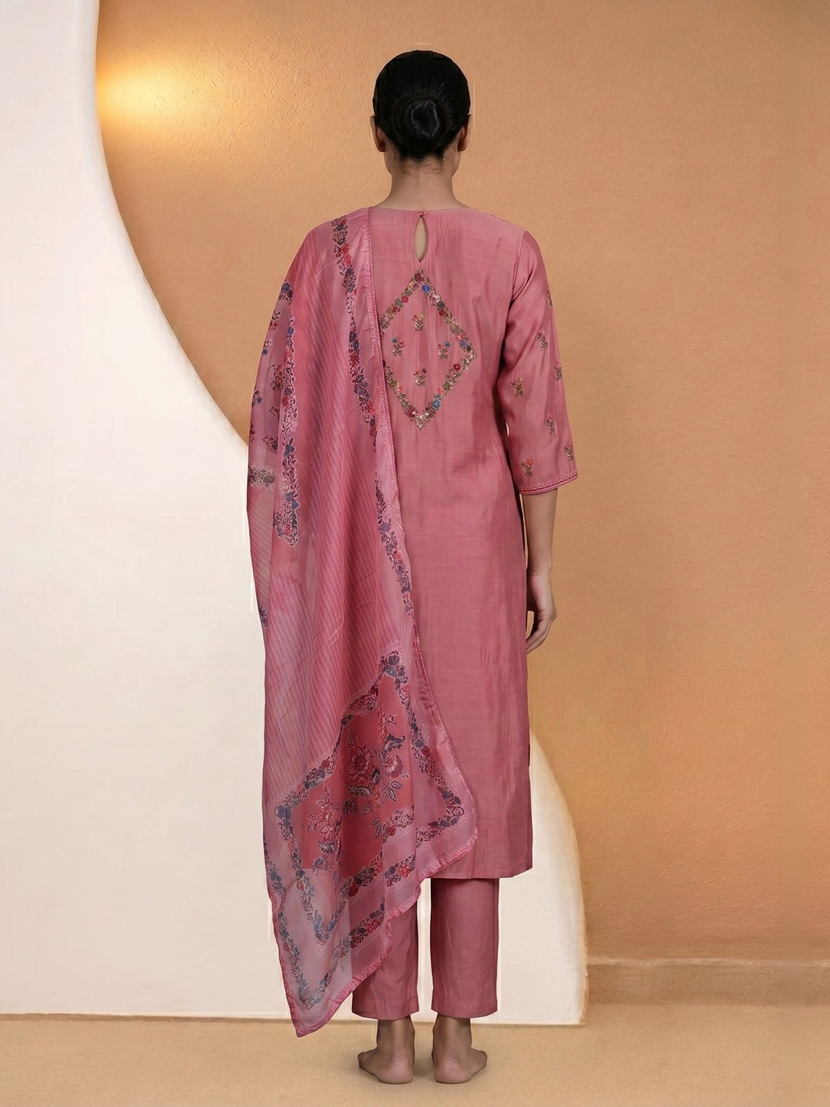 Pink silk thread work festive kurti set