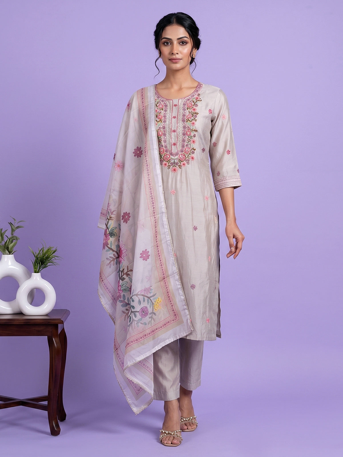 Light grey silk embroidered straight cut kurti set